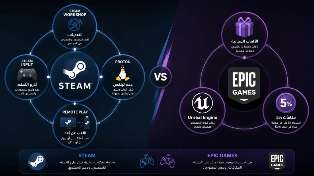 مقارنة الميزات التقنية والخدمات الإضافية بين Steam و Epic Games Store.